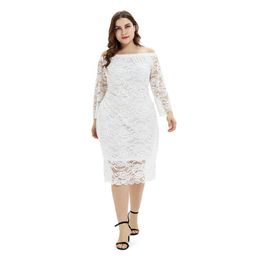 Plus Size Dresses Evening Party Date Women White See Through Hollow Out Floral Lace Bodycon Dress Office Lady Spring Summer Work
