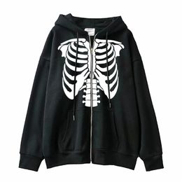 Gothic Oversized Hoodie Long Sleeve Harajuku Skeleton Sweatshirt Women Y2K Aesthetic Hip Hop Streetwear Vintage Zip Up Clothes 220816