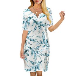 Women Dress Vintage Green Leaves Pattern 3D Printed VNeck Loose Casual Short Sleeve Shift Dress for Female Dresses 220616