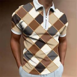 Men Slim Polo Shirt Summer Fashion Plaid Patchwork Short Sleeve Tops For Casual Men's Turn-down Collar Zip-up Polo Shirts 220610