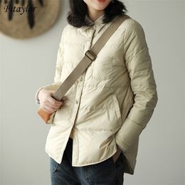 Fitaylor Autumn Winter Women Turn Down Collar Down Coat Ultra Light 90% White Duck Down Jacket Single Breasted Windproof Parkas 201102