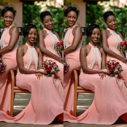 UPS 2022 New African Blush Pink Mermaid Bridesmaid Dresses Wedding Guest Dress Pearls Halter Neck Pearls Floor Length Plus Size Maid of Honour