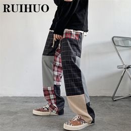 Men's Pants RUIHUO Patchwork Plaid Streetwear Men Clothing Korean Fashion Mens Joggers 3XL Spring Arrivals 220826