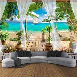 Sepyue Beach Sailboat Coconut Tree Landscape Hanging Tapestry Art Bedroom Window Wall Curtain Background Home Decor J220804