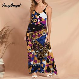 Noisydesigns Polynesian Summer Women's Dress Sleeveless V-Neck Camisole A-Line Plaid Printed Casual Long Dress Drop 220627