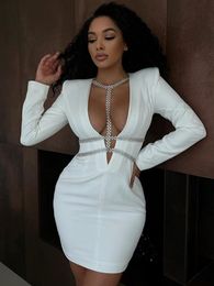 Casual Dresses Autumn Winter Black White Women Long Sleeve Sexy Diamond Halter Bodycon Mini Dress Rayon Bandage Celebrity Fashion DressCasua