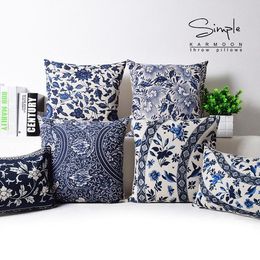 Cushion/Decorative Pillow Oriental Floral Cushion Cover Blue White Chinese Style Throw Lumbar Case Sham Linen Decorative Country Ethnic Deco