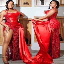 2022 Plus Size Arabic Aso Ebi Red Luxurious Sparkly Prom Dresses Beaded Sheath Evening Formal Party Second Reception Birthday Engagement Gowns Dress XJ77