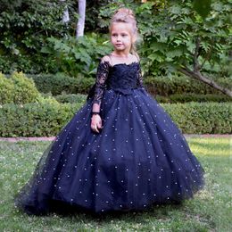 Navy Lace Ball Gown Flower Girl Dresses For Wedding Long Sleeves Peals Pageant Gowns Sheer Bateau Neckline Tulle First Communion Dress