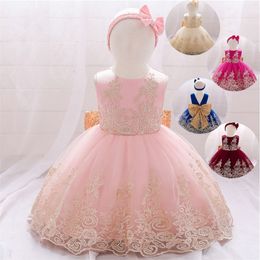 Lace Bowknot Girl Dresses Gold Thread Embroidery Tutu Princess Dress Kids Wedding And Birthday Party 56my T2