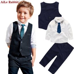 Gentleman Boys Set Vest Shirt Pants 3 Pieces Suits Fashion Bright Collar Tie Apparel Long Sleeve Autumn K1 220507