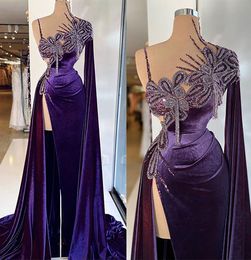Purple Velvet Prom Dresses Princess Sleeveless With Cape Sexy V Neck Appliques Sequins Beads Side Slit Luxury Shiny Floor Length Party Gowns Plus Size Custom Made