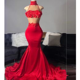 Sexy Mermaid Red Prom Dress For Black Girls Satin High Neck Appliques 3D Flowes Graduation Gowns Custom Made Evening Dresses