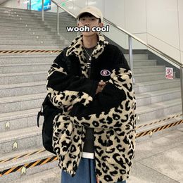 Men's Down & Parkas Leopard Pattern Fleece Jacket For Men Winter 2022 Fashion Trends Warm Clothing Teens Oversized Patchwork Design Streetwe