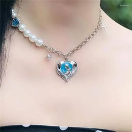 Pendant Necklaces Luokey Wedding Delicate Blue Heart Necklace For Women Link Chain Cross Pearl Choker Girls Party Collar Jewelry