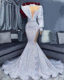 White Sequins One Shoulder Mermaid Prom Dresses High Long Sleeves Sexy Keyhole Neck Plus Size Sweep Train Formal Evening Ocn Gowns