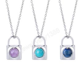 Stainless Chain Lock Necklace Pendant Men Natural Stone Round Crystal & Silver Color Fashion Jewelry Gift for Women