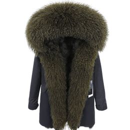 Dark Green Raccoon Fur Lining Long Black Shell Jacket Women Parkas Mongolia Sheep Fur Trim Plackets Mukla Furs Brand