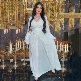 Ivory Chiffon Moroccan Caftan Evening Dresses Beads Lace Long Sleeve Arabic Prom Gowns Muslim Party 2022 Plus Size