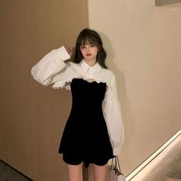 Casual Dresses 2022 Autumn And Winter Two Piece Outfits For Women Female Korean Retro Shirt Suspender Skirt Fashion Suit Clothing Matching S
