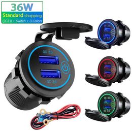 36W QC 3.0 Touch Switch Waterproof Universal Motorcycle Car Truck VAN Boat Dual USB Charger Socket For Phone Tablet DVR GPS W220328