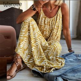 Fashion Summer Yellow Printed Long Dress For Women Casual Backless Suspender Beach Striped Camis Bohemian Holiday Style 220425