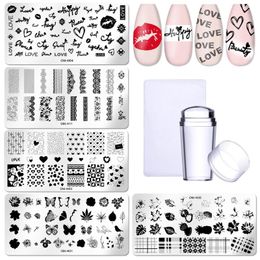 lace stencils UK - Nail Art Kits 5Pcs Lace Heart Love Stamping Plates With Stamper Geometric Lines Leaves Flowers Image Printing Stencil Stamp Tools