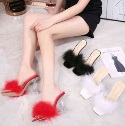2022 Summer Woman Pumps PVC Transparent Feather Perspex Crystal High Heels Fur Peep Toe Mules Slippers Ladies Slides Shoes Y220412