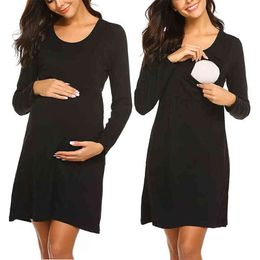 Mom Spring Autumn Maternity Care Long Sleeve Maternity Dress Solid Colour Dress Pregnant Women Pregnancy Breastfeeding Clothes G220309