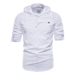 AIOPESON Cotton Linen Hooded Men Shirt Soild Colour Long Sleeve Male Shirt Spring Autumn Casual Shirt For Mens Clothing 220704