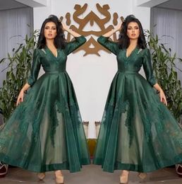 sexy jackets Canada - Dark Green V Neck Satin Evening Dresses Long Sleeves Tulle Lace Applique Ruched Ankle Length Prom Formal Wear Party Gowns Pageant Dress