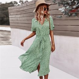 Summer Floral Dress Women Casual Bandage Single-Breasted Midi Dress Shirt Female Short Sleeve Boho Beach Holiday Sundress 220531