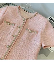 2022 Fall Autumn Short Sleeve Round Neck Pink Tweed Solid Color Pockets Panelled Weave Single-Breasted Dress Elegant Casual Dresses 22G186288