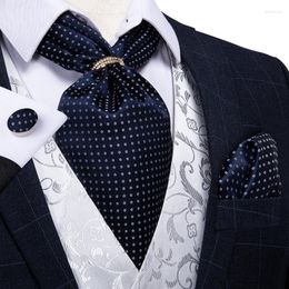 Bow Ties Design Men Silk Cravat Navy Dot Formal Ascot Tie Handkerchief Set With Ring Wedding Self Necktie DiBanGu Fred22