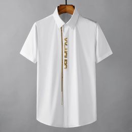 Cotton Male Shirts Luxury Letter Embroidery Short Sleeve Business Casual Mens Dress Shirts Summer Slim Party Man