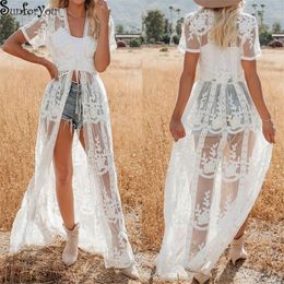 White Mesh Cover up Womens Beachwear Embroidery Swim cover up for Women Robe de Plage Kimono Playa Bikini Cover up Beach Tunic T200324