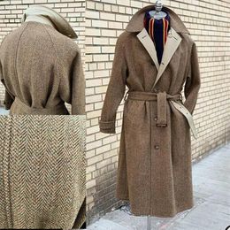 Men's Suits & Blazers Herringbone Brown Men With Belt Wool Thick Fashion Custom Made Long OverCoat Lapel Business Jacket