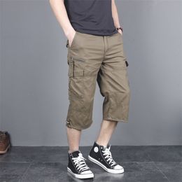 Mens Summer Breeches Long Shorts with Pockets Military Zipper Cargo Shorts Tactical Bridges Short for Men Army Green Khaki 210322