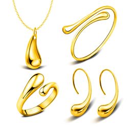 4Pcs/Set Fashion Women Teardrop Charm Necklace Earrings Opening Ring Bracelet Jewelry sets 925 Silver Gold Jewelry set hot Factory price