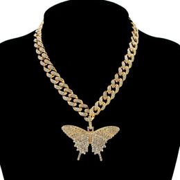 Pendant Necklaces Fashion Hip Hop Crystal Butterfly Necklace For Women Colourful Diamond Cuban Ladies Choker Gothic JewelryPendant