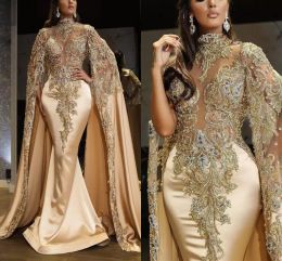 Mermaid Dresses Champagne Evening High Neck Long Sleeves Cape Lace Applique Beaded Sequins Floor Length Satin Custom Made Prom Party Gown Vestidos