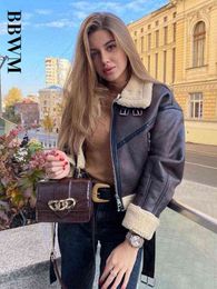 2022 BBWM woman's Fashion Thick Warm Faux Shearling Jacket Coat Vintage Long Sleeve Belt Hem Female Outerwear Chic Tops L220728