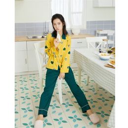 Women's Cotton Long Sleeve Cute Pyjama Printed Home Clothes Tops Pants Suit Loungewear Home Wear T200429