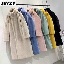 Hooded Faux Fur Coat Women Autumn Winter 2021 Casual Loose Long Female Jacket Fur Plush Thick Warm Cotton Lining Outwear Clothes T220810