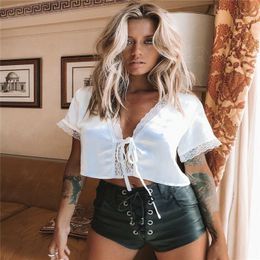 Women's T-Shirt Fashion Lace Patchwork Silk Satin Short Sleeve T-shirts Up Crop Bow Knot Cover Tops Tee Good Quality