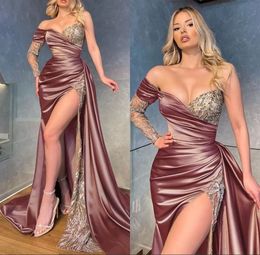 Sequins Mermaid Prom Dresses Princess One Shoulder High Side Split Long Sleeve Puff Purple Sliver Tulle Lace Appliques Party Gowns Plus Size Custom Made