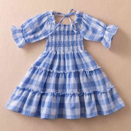 2022 New Fashion Vintage Plaid Summer Clothes Princess Party Smocked Dress for Girls Birthday Wedding Gown Kids Vacation Dresses G220428