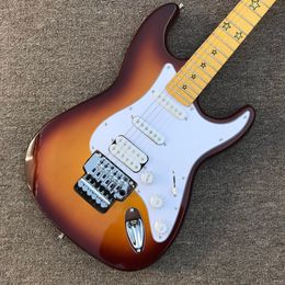 ST electric guitar, maple fingerboard, 3 pickups, chrome hardware, vibrato system, Sunset color guitar