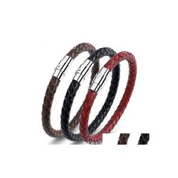 Charm Bracelets Leather Bracelet Genuine Braided Clasp Male Bangles Jewellery Stainless Steel Magnetic Hjewelry Drop Delivery Dhadr