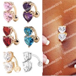 Reverse Crystal Zircon Bar Belly Ring Gold Belly Piercing Button Navel Two Hearts Body Piercing Jewellery